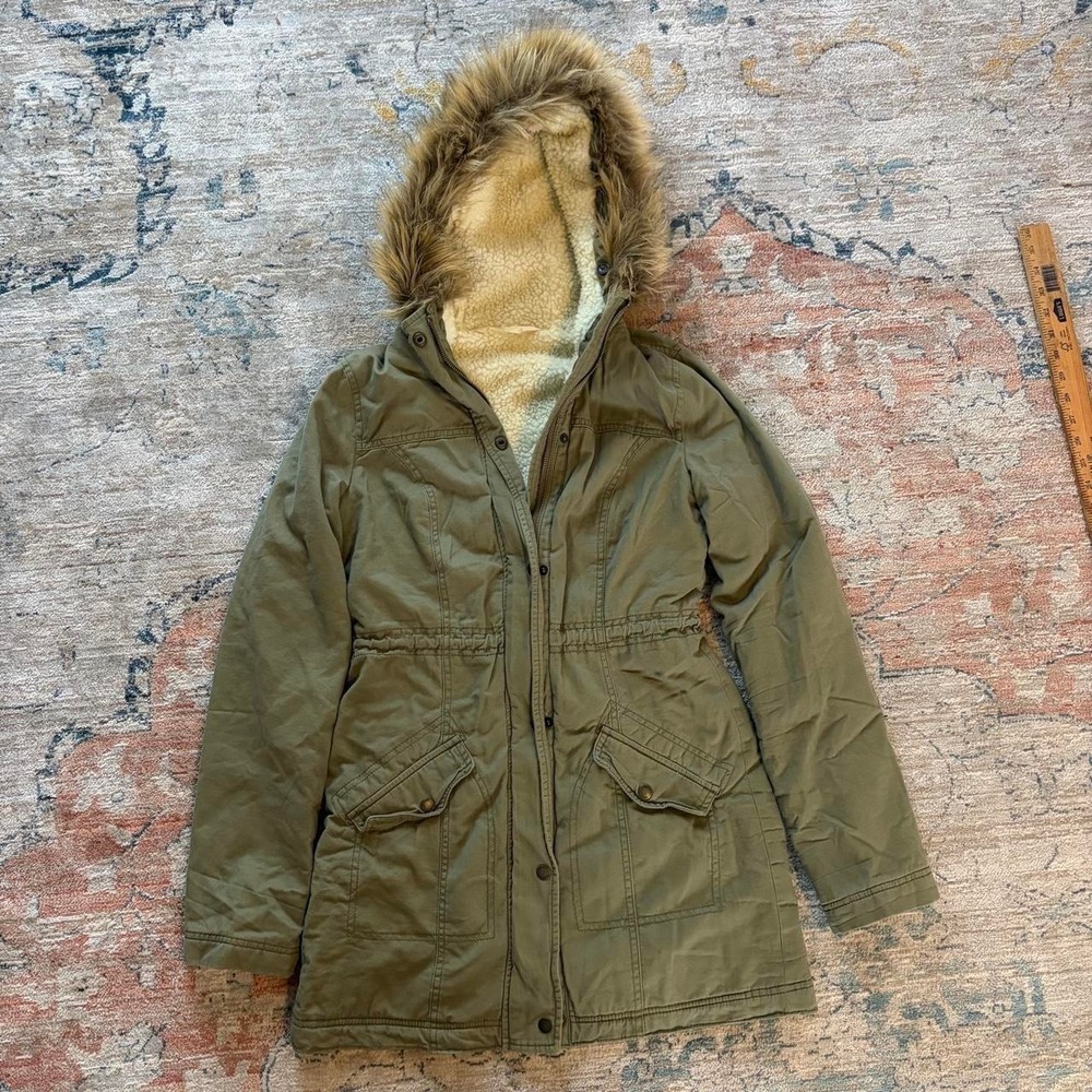 Hollister Womens Khaki Green Parka Jacket Sherpa Lined Faux Fur Hood Small
